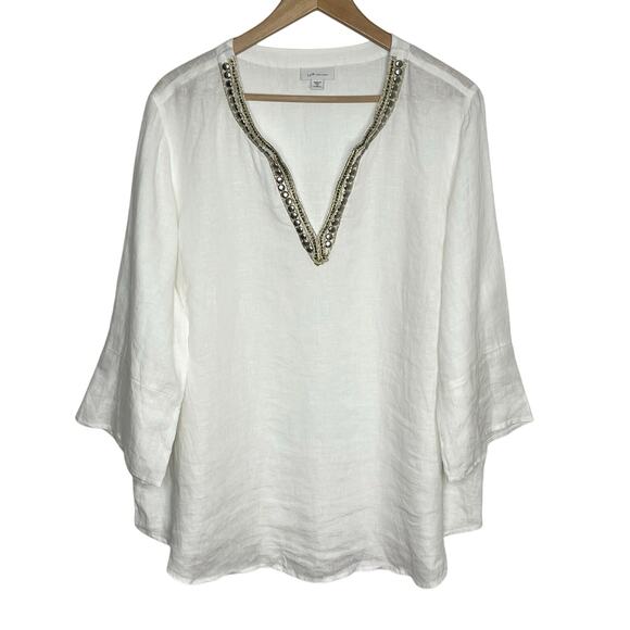 J. Jill Love Linen Womens Pullover Blouse 2X White Embellished V Neck Coastal - Picture 2 of 10